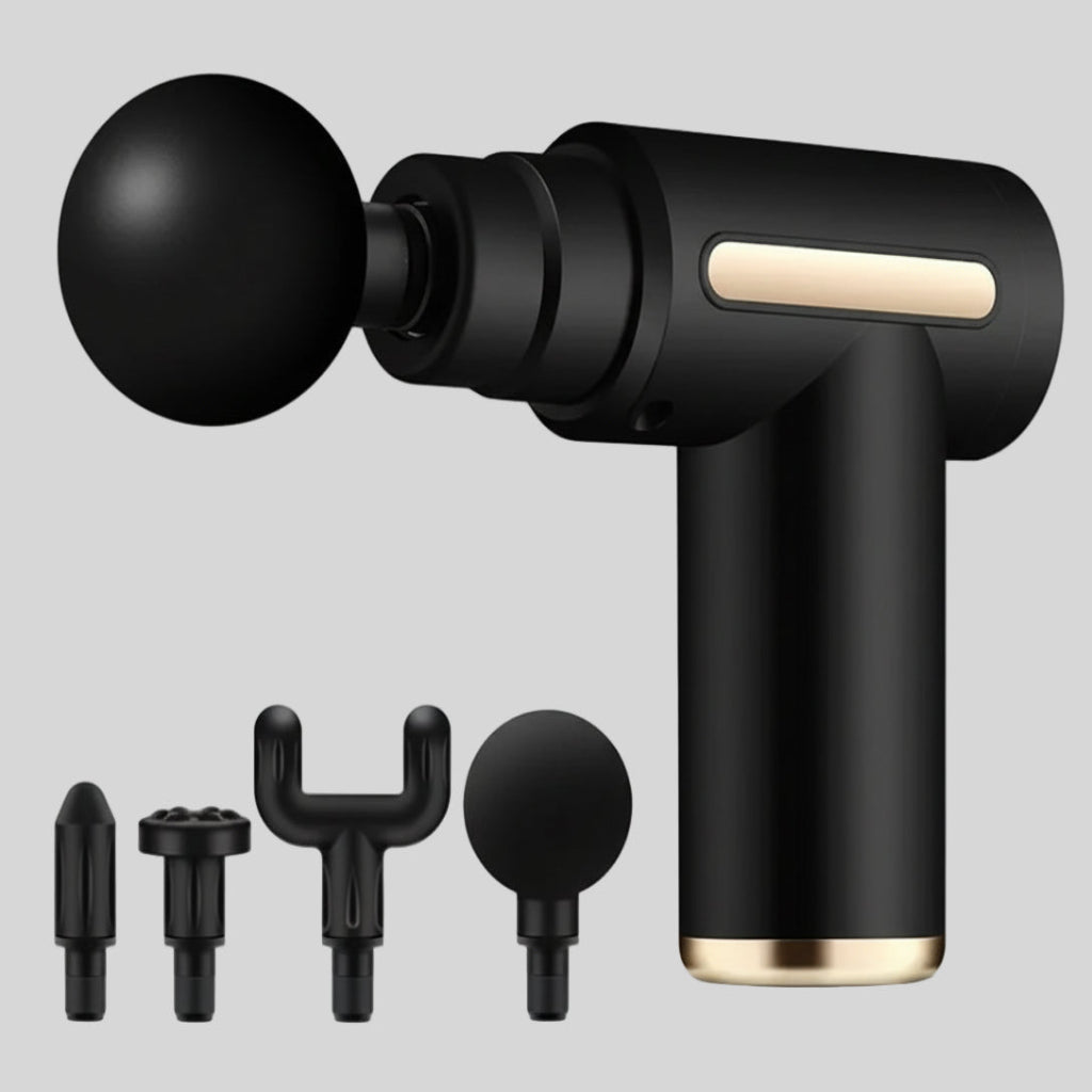 Black massage gun with attachments on a white background